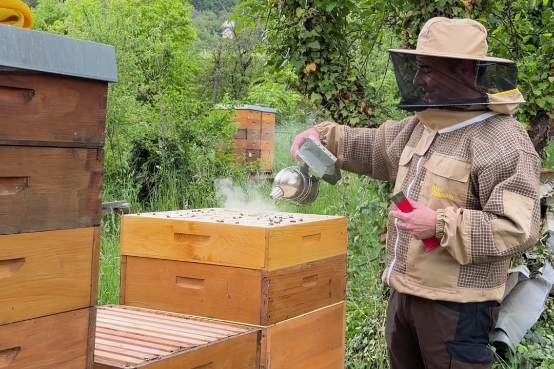 Imker beim Besprühen des Bienenstocks